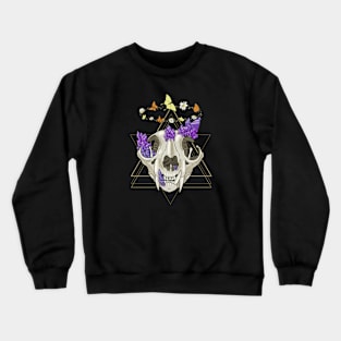 Cat Skull with Crystals, Butterflies, and Geometric Accents on Black Crewneck Sweatshirt